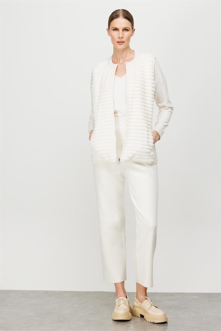 Peluş Kombinli Fermuarlı Triko Yelek-EKRU