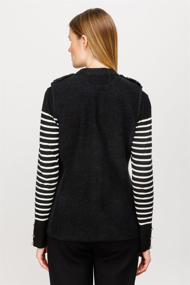 Peluş Kombinli Fermuarlı Triko Yelek-SİYAH