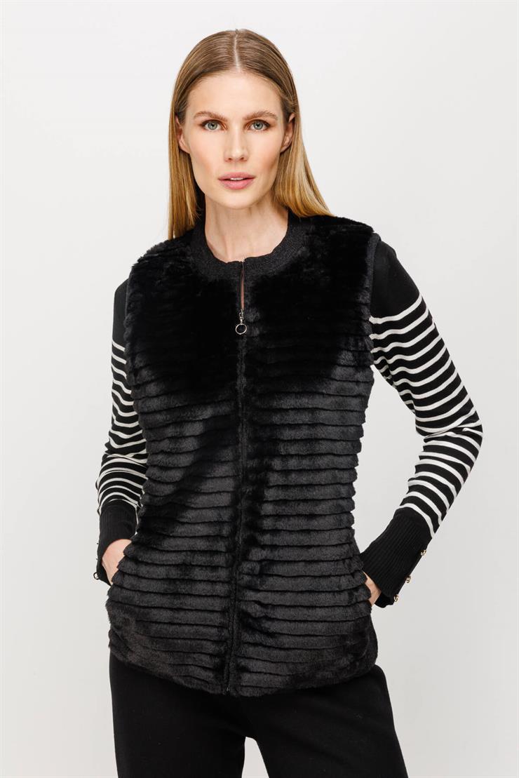 Peluş Kombinli Fermuarlı Triko Yelek-SİYAH