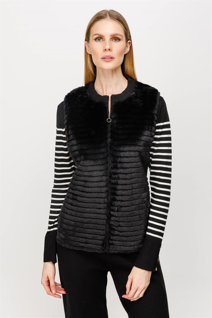Peluş Kombinli Fermuarlı Triko Yelek-SİYAH
