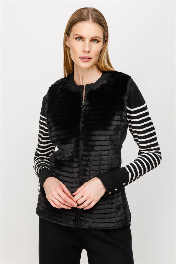 Peluş Kombinli Fermuarlı Triko Yelek-SİYAH