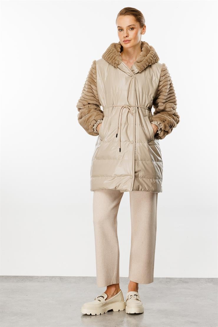 Peluş Kombinli Kapitone Mont-BEJ