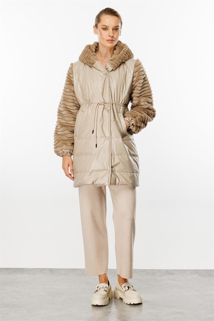 Peluş Kombinli Kapitone Mont-BEJ