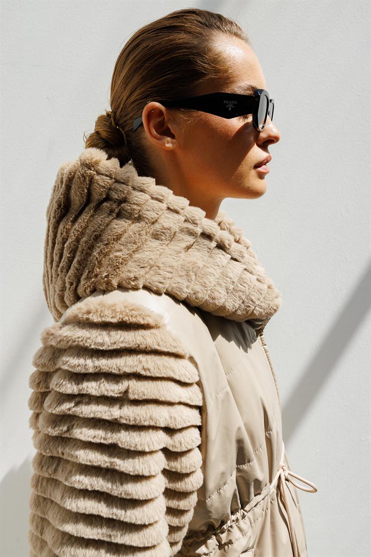 Peluş Kombinli Kapitone Mont-BEJ