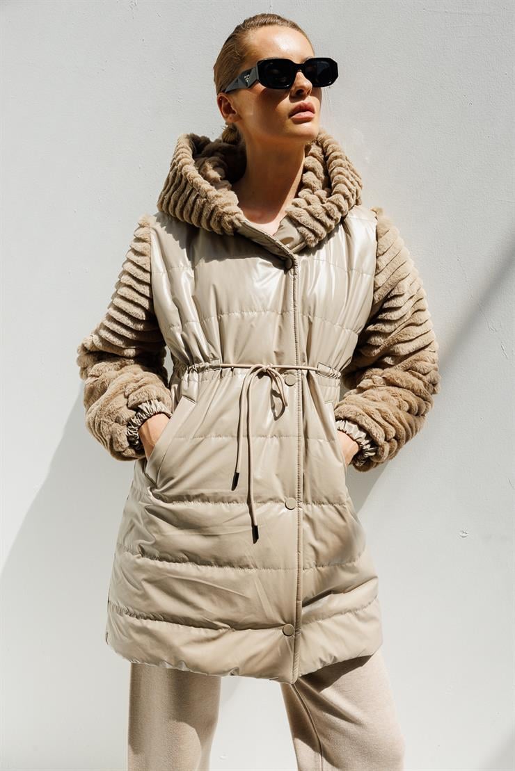 Peluş Kombinli Kapitone Mont-BEJ