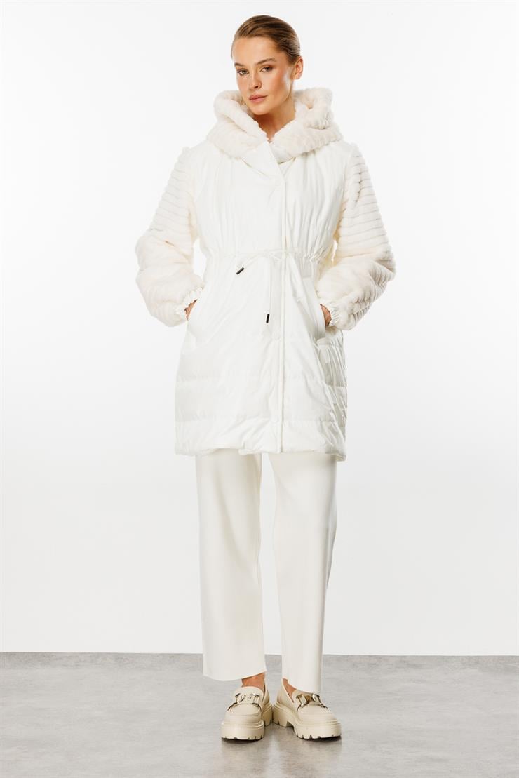 Peluş Kombinli Kapitone Mont-EKRU