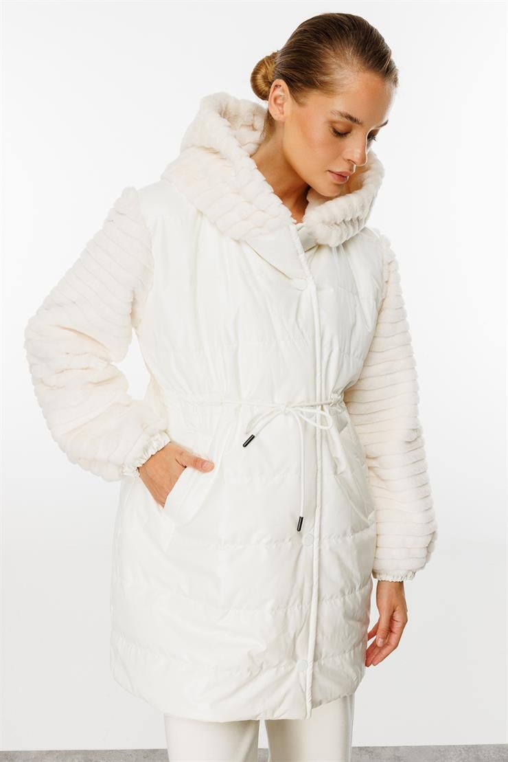 Peluş Kombinli Kapitone Mont-EKRU