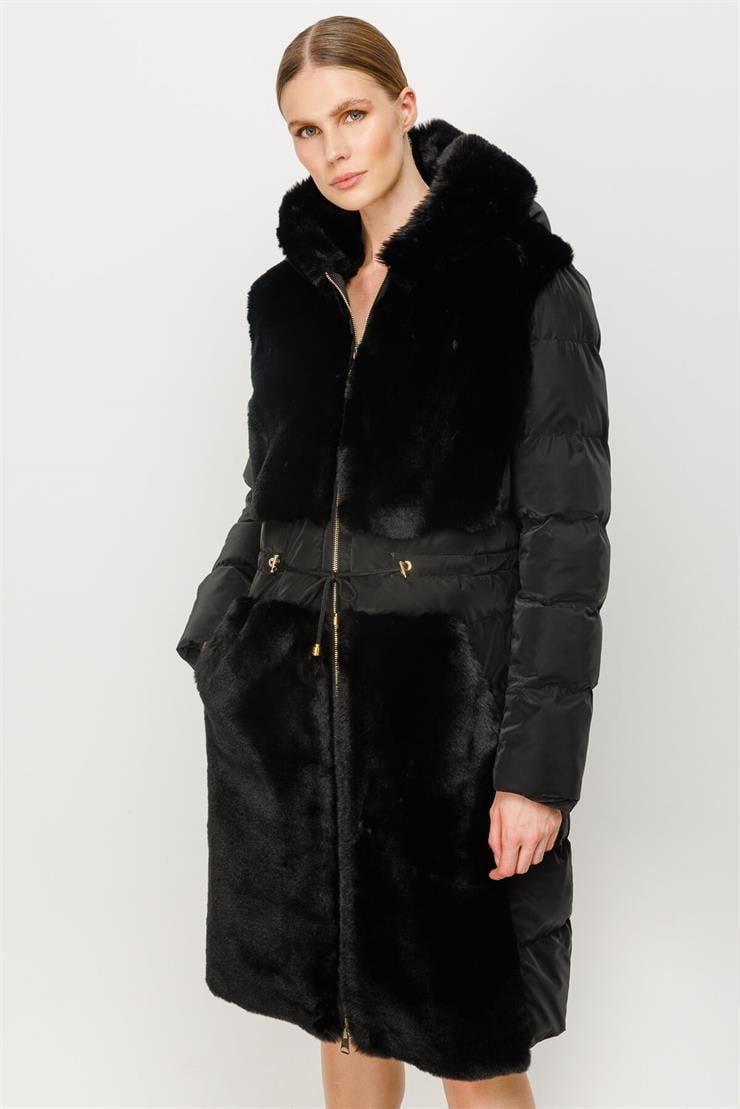 Peluş Kombinli Kapitone Mont-SİYAH