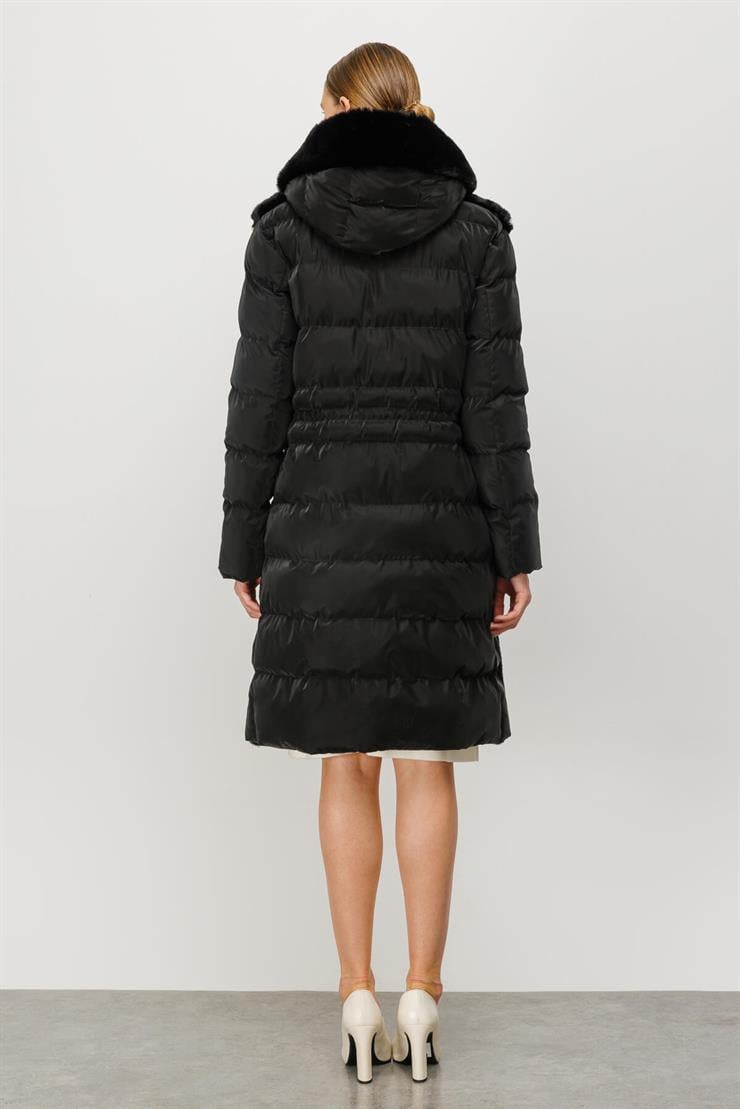 Peluş Kombinli Kapitone Mont-SİYAH