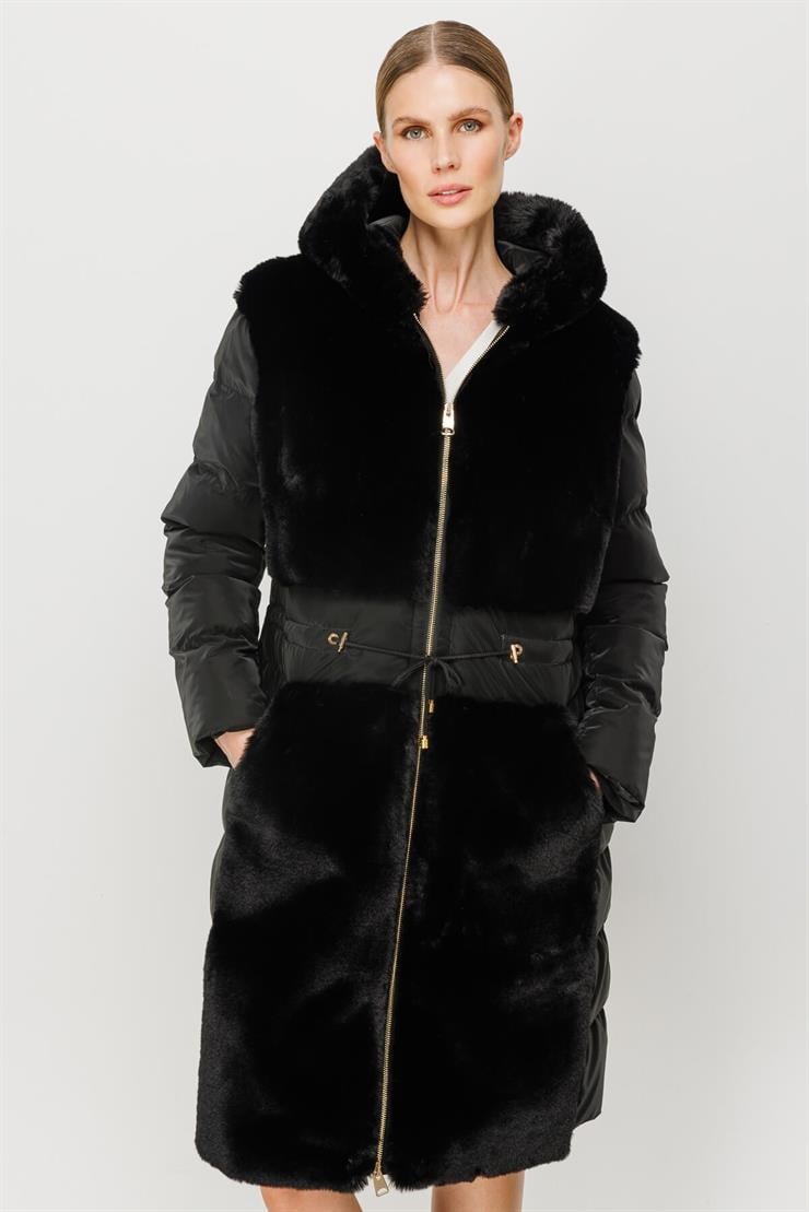 Peluş Kombinli Kapitone Mont-SİYAH