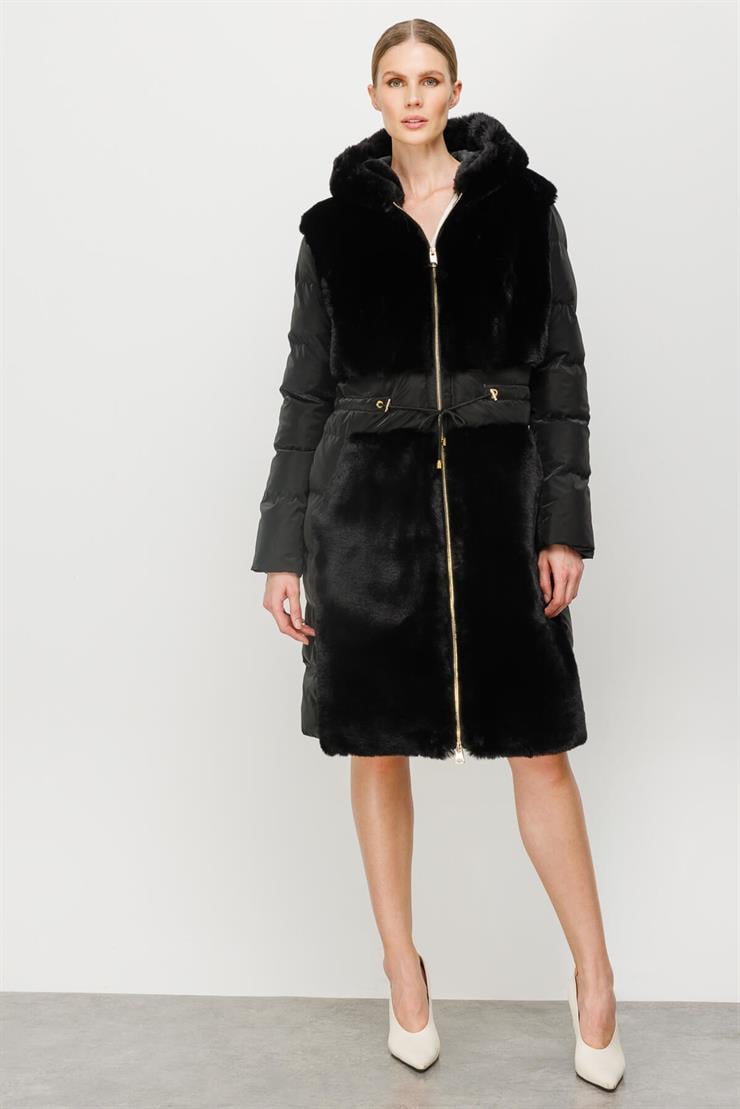 Peluş Kombinli Kapitone Mont-SİYAH