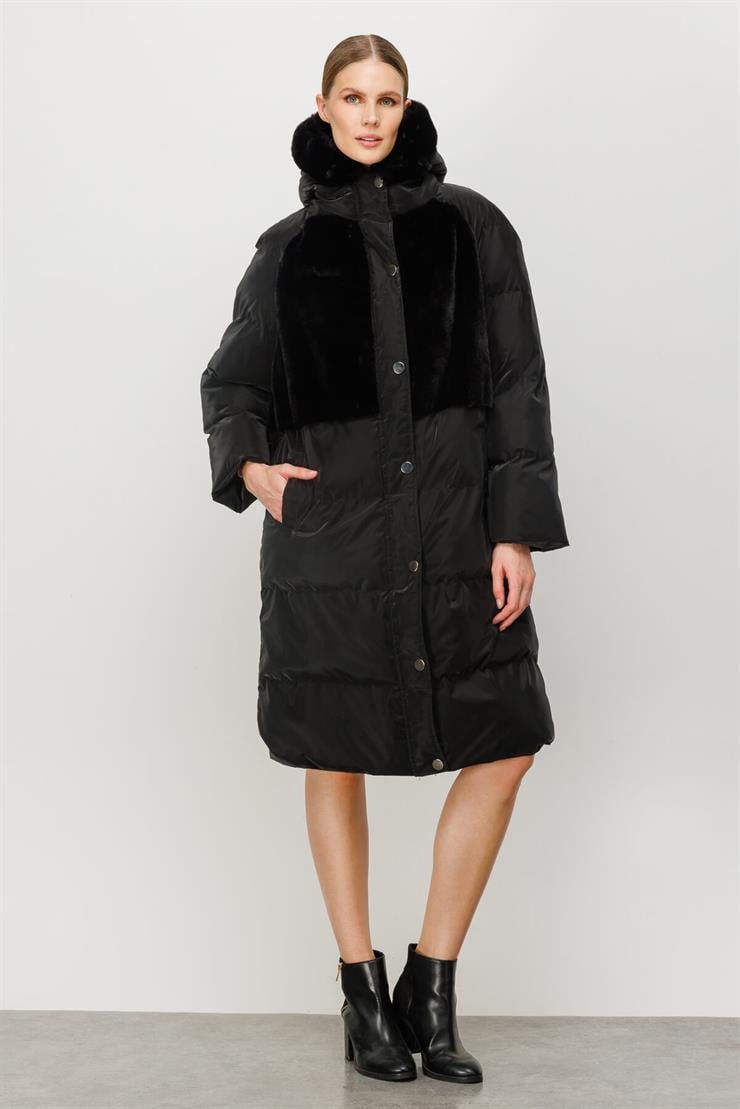 Peluş Kombinli Kapüşonlu Kapitone Mont-SİYAH