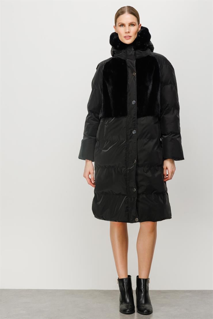 Peluş Kombinli Kapüşonlu Kapitone Mont-SİYAH