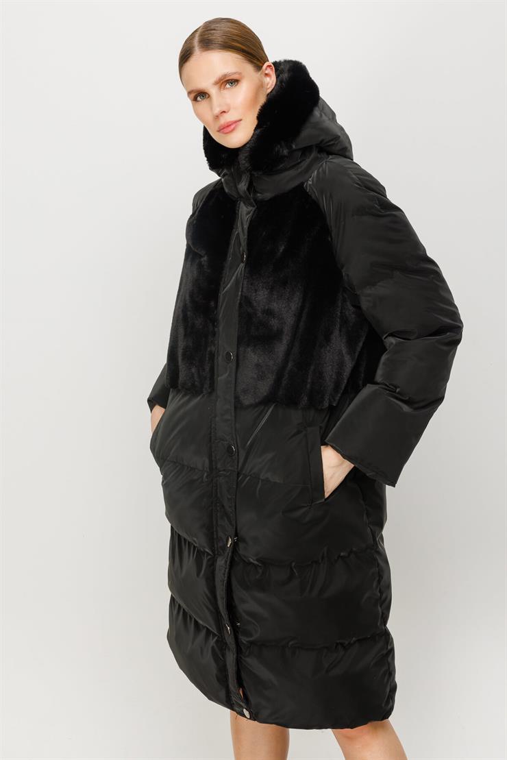 Peluş Kombinli Kapüşonlu Kapitone Mont-SİYAH
