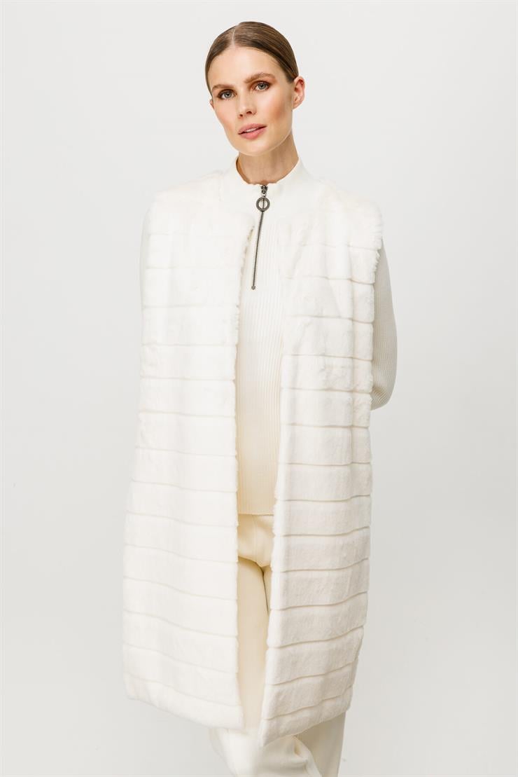 Peluş Kombinli Uzun Triko Yelek-EKRU