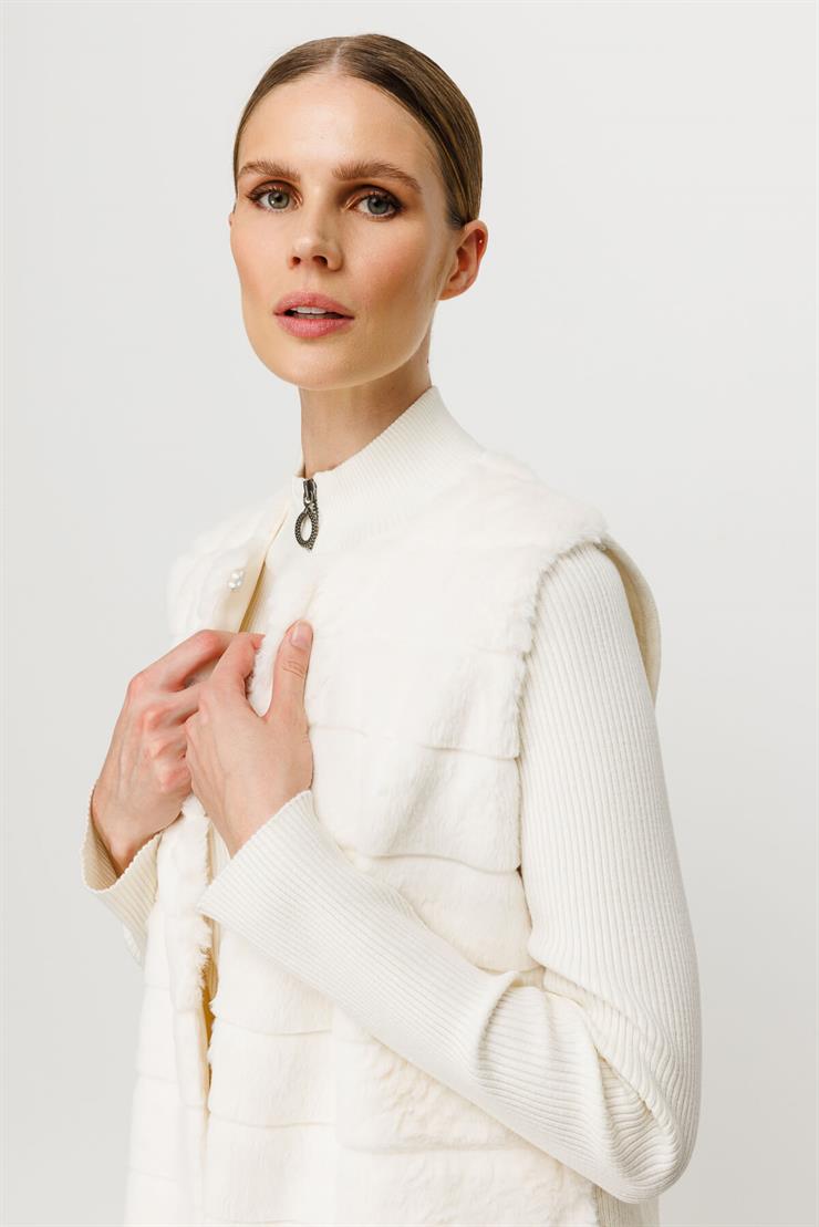 Peluş Kombinli Uzun Triko Yelek-EKRU