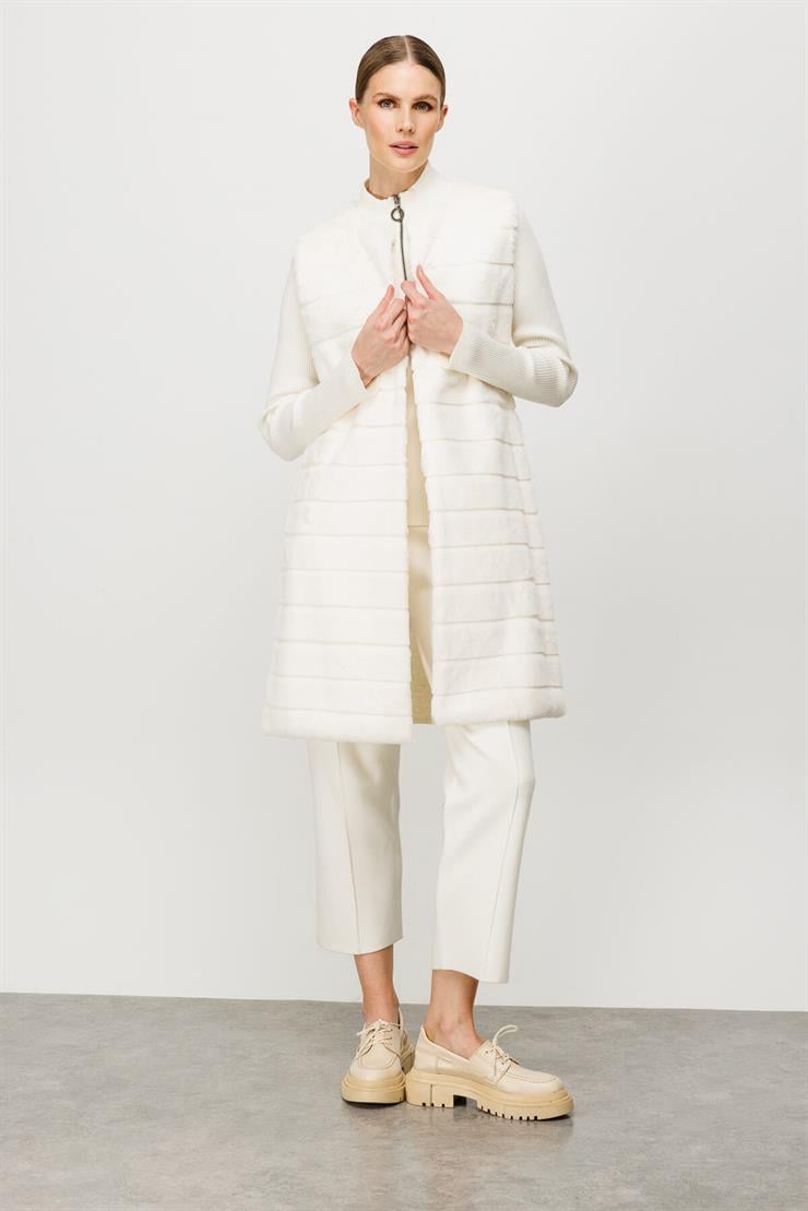 Peluş Kombinli Uzun Triko Yelek-EKRU