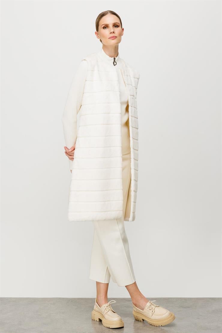 Peluş Kombinli Uzun Triko Yelek-EKRU