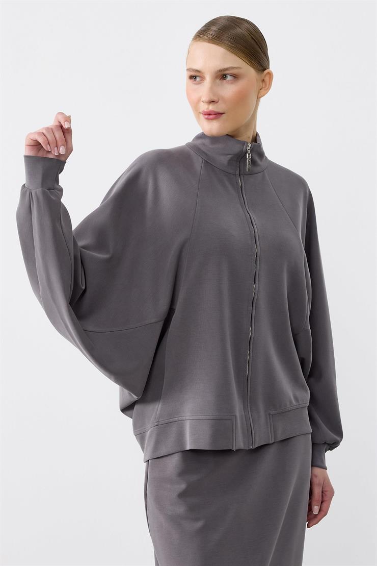 Pilikaşe Detaylı Fermuarlı Hırka Etekli Takım ANTRASİT