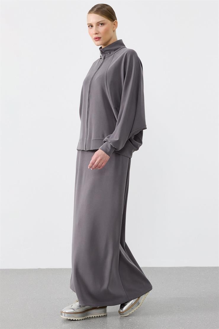 Pilikaşe Detaylı Fermuarlı Hırka Etekli Takım ANTRASİT