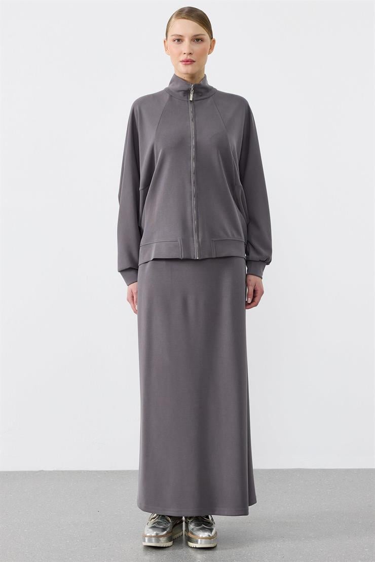 Pilikaşe Detaylı Fermuarlı Hırka Etekli Takım ANTRASİT