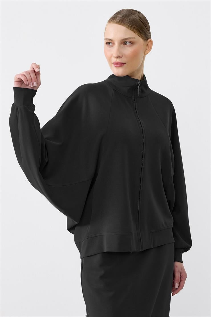 Pilikaşe Detaylı Fermuarlı Hırka Etekli Takım SİYAH