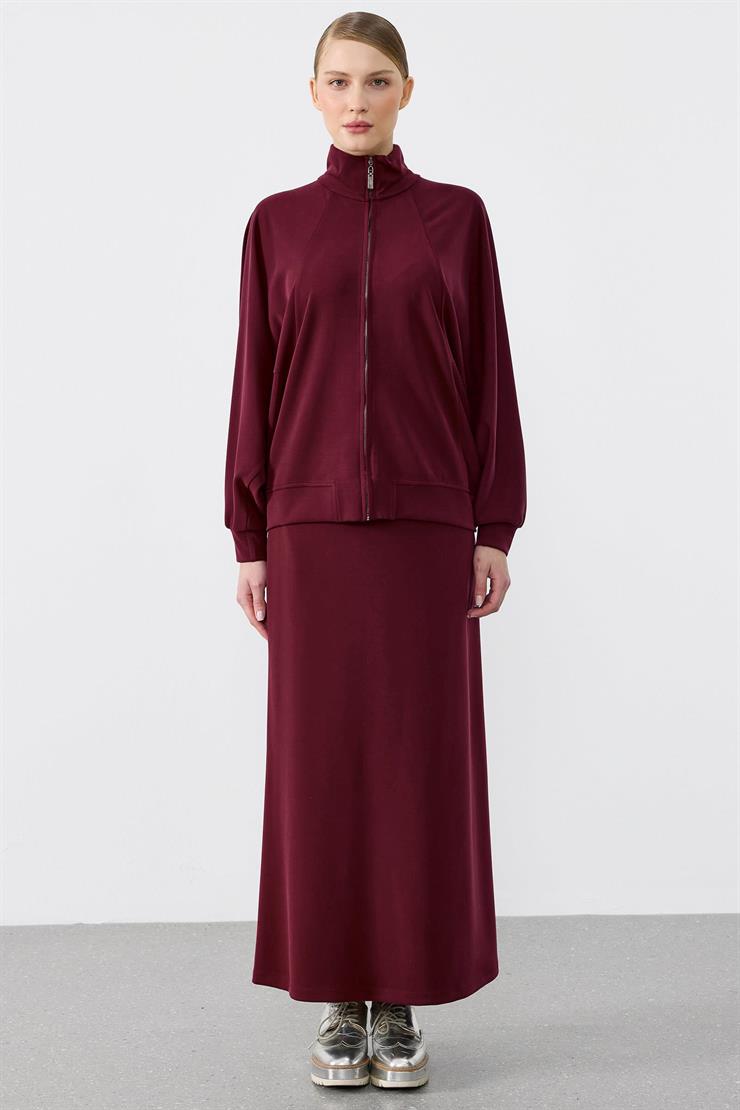 Pilikaşe Detaylı Fermuarlı Hırka Etekli Takım BORDO