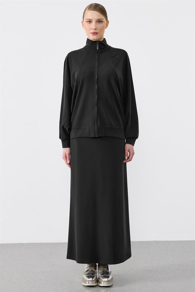 Pilikaşe Detaylı Fermuarlı Hırka Etekli Takım SİYAH