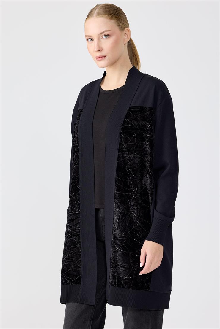 Pırıltı Kadife Kombinli Rayon Hırka SİYAH