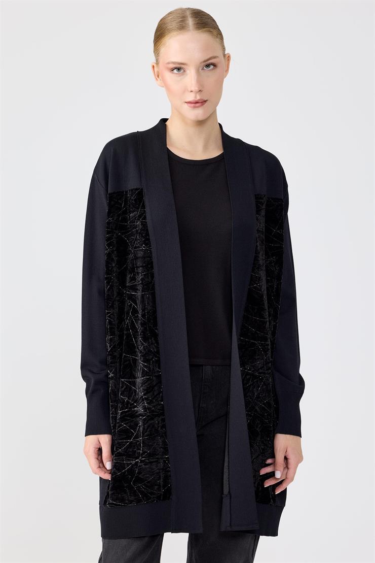 Pırıltı Kadife Kombinli Rayon Hırka SİYAH