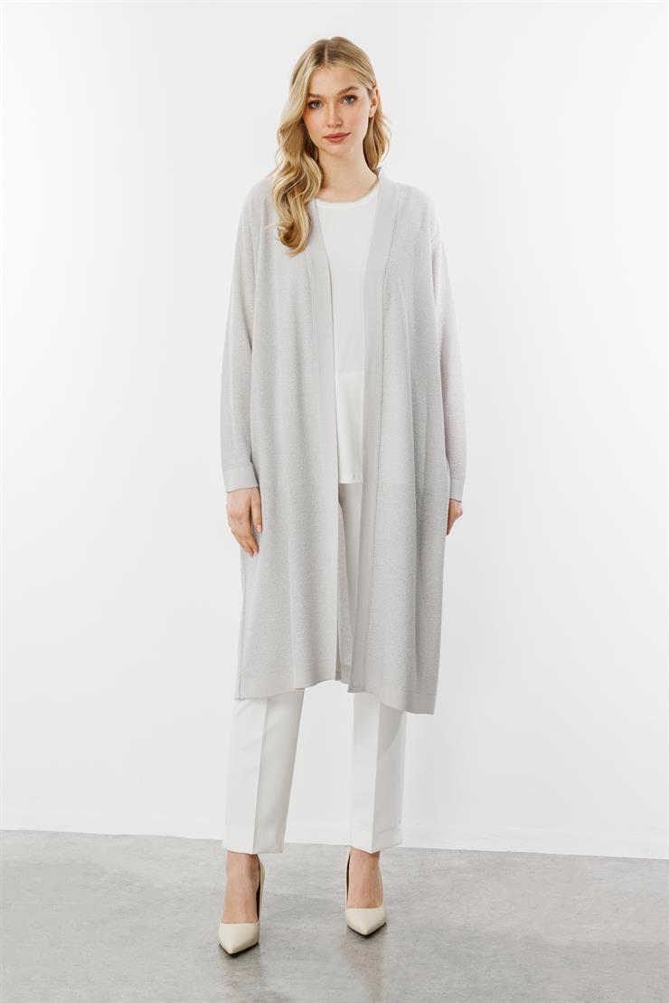 Pirinç Örgü Simli Triko Hırka-Orta Gri