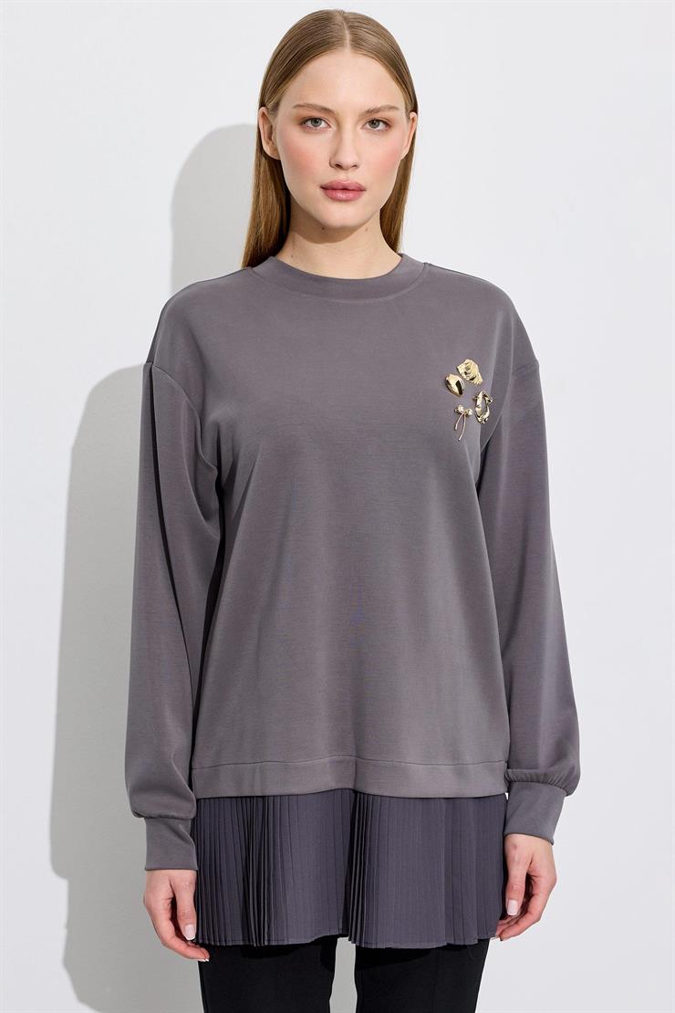 Plise Detaylı Aksesuarlı Tunik ANTRASİT