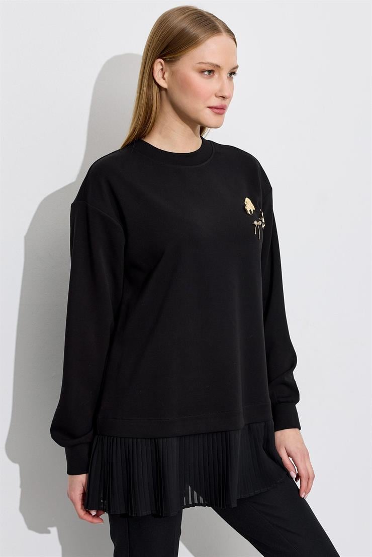 Plise Detaylı Aksesuarlı Tunik SİYAH