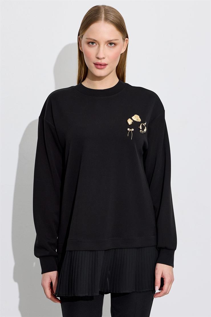 Plise Detaylı Aksesuarlı Tunik SİYAH