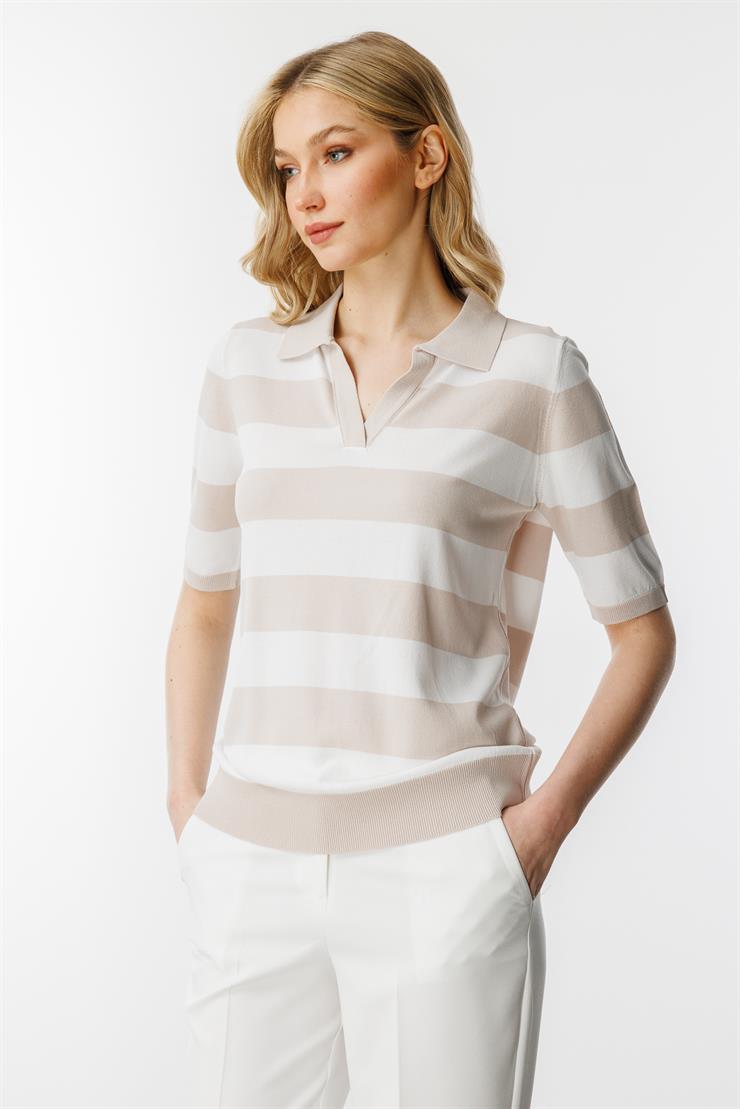 Polo Yaka Çizgili Kısa Kol Triko Bluz-Bej - Ekru