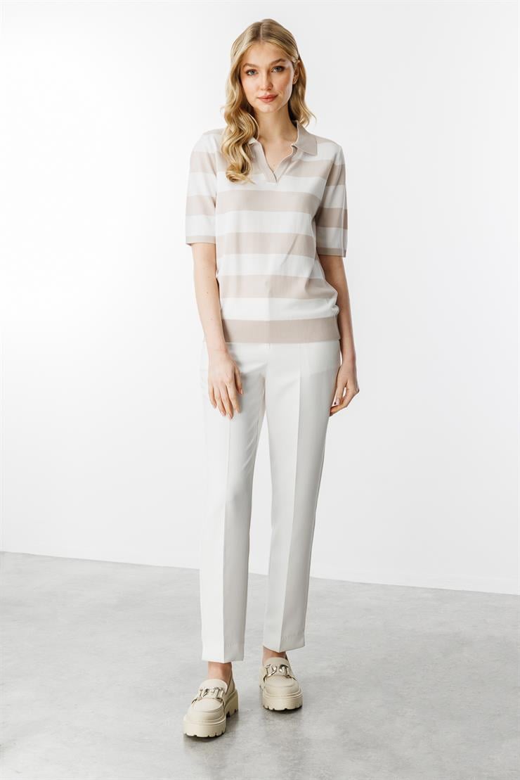 Polo Yaka Çizgili Kısa Kol Triko Bluz-Bej - Ekru