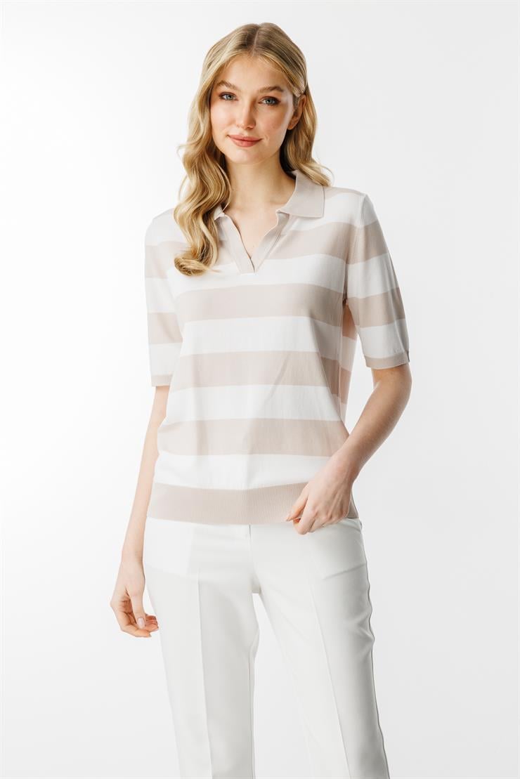Polo Yaka Çizgili Kısa Kol Triko Bluz-Bej - Ekru