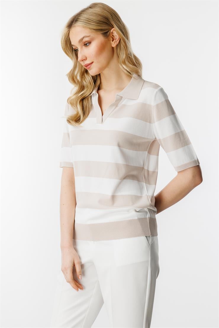 Polo Yaka Çizgili Kısa Kol Triko Bluz-Bej - Ekru
