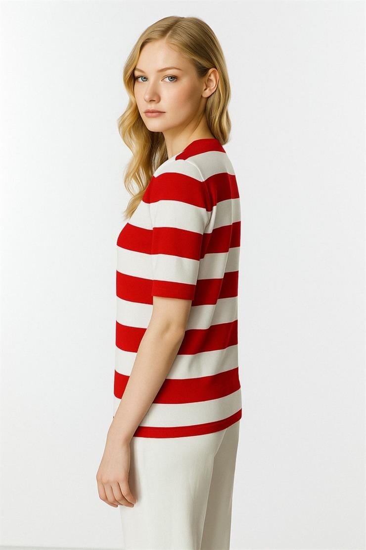 Polo Yaka Çizgili Kısa Kol Triko Bluz-Kırmızı - Ekru