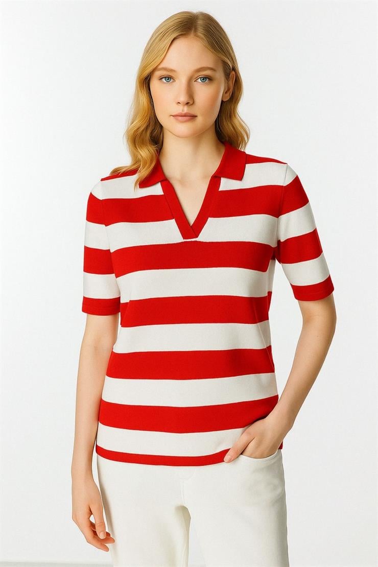 Polo Yaka Çizgili Kısa Kol Triko Bluz-Kırmızı - Ekru