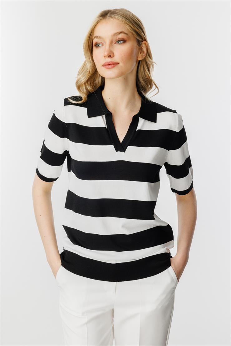 Polo Yaka Çizgili Kısa Kol Triko Bluz-Siyah-Ekru