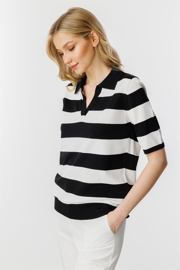 Polo Yaka Çizgili Kısa Kol Triko Bluz-Siyah-Ekru