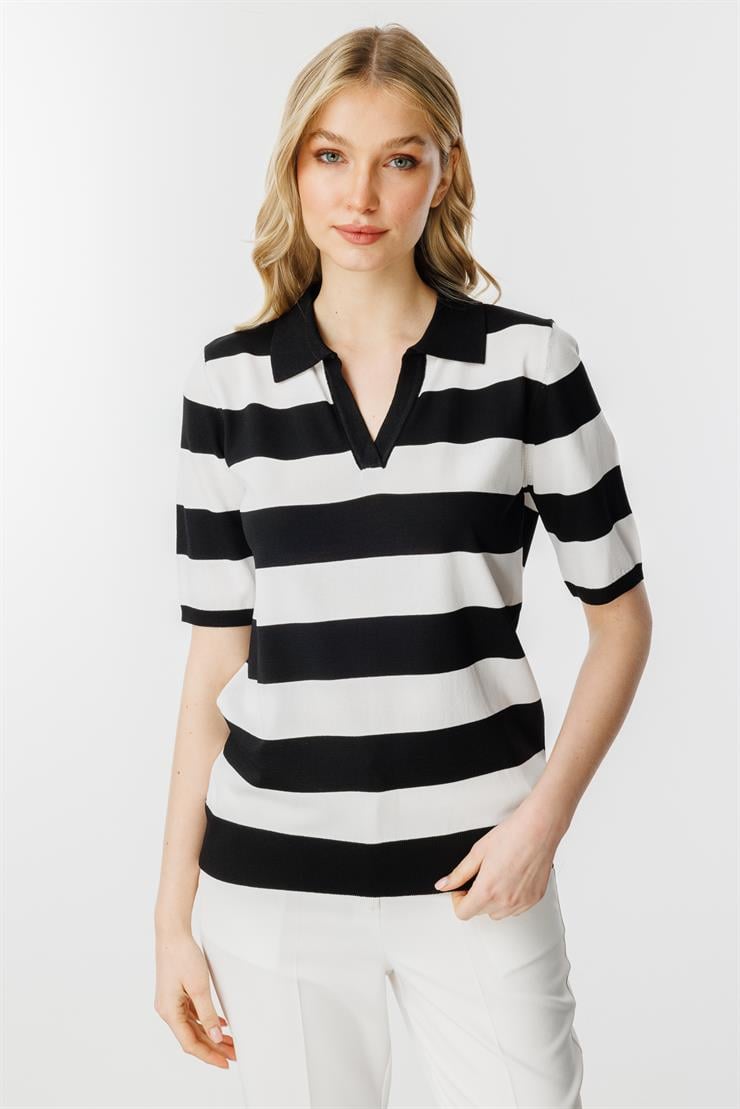 Polo Yaka Çizgili Kısa Kol Triko Bluz-Siyah-Ekru