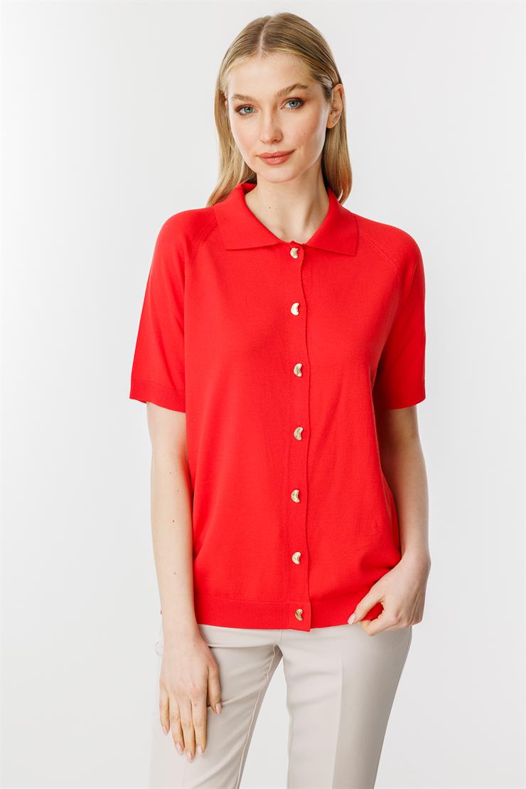 Polo Yaka Kısa Kol  Triko Hırka-Kırmızı