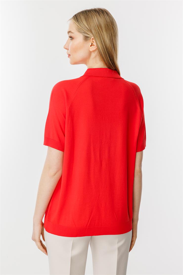 Polo Yaka Kısa Kol  Triko Hırka-Kırmızı