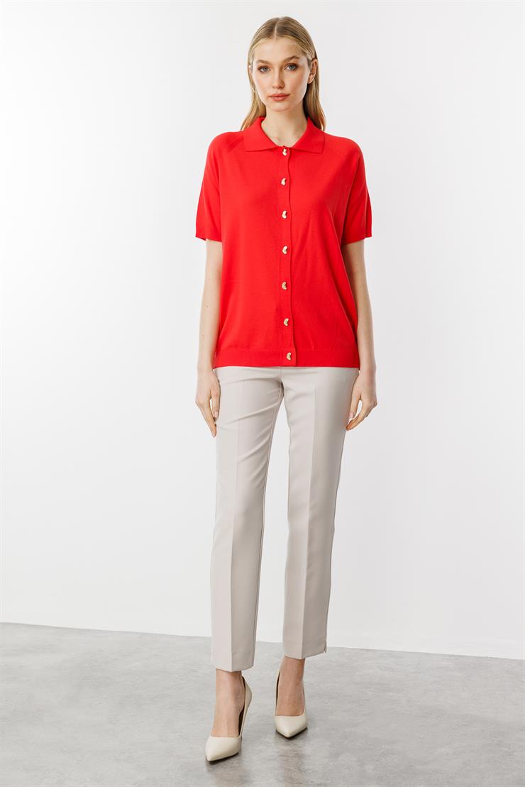 Polo Yaka Kısa Kol  Triko Hırka-Kırmızı