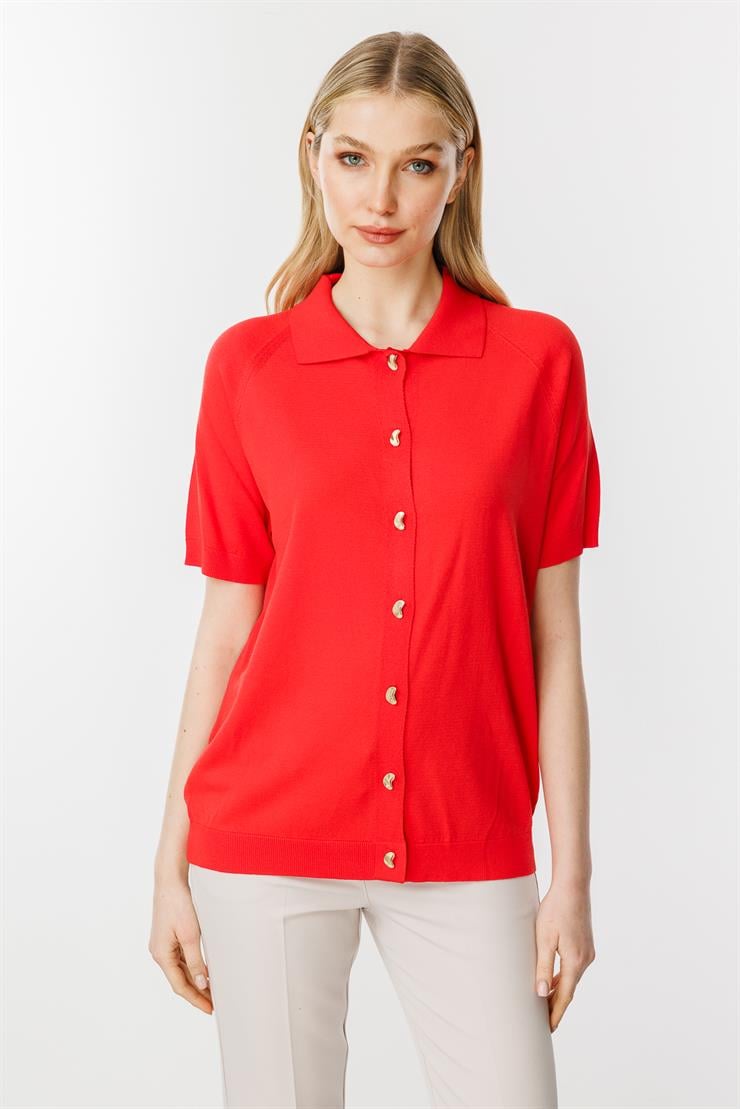Polo Yaka Kısa Kol  Triko Hırka-Kırmızı