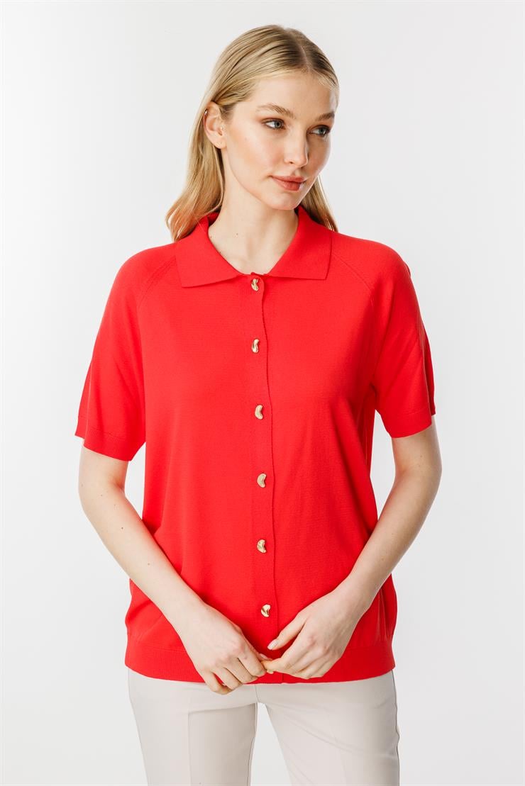 Polo Yaka Kısa Kol  Triko Hırka-Kırmızı