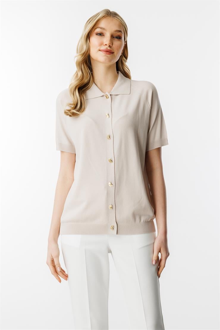 Polo Yaka Kısa Kol  Triko Hırka-Vizon