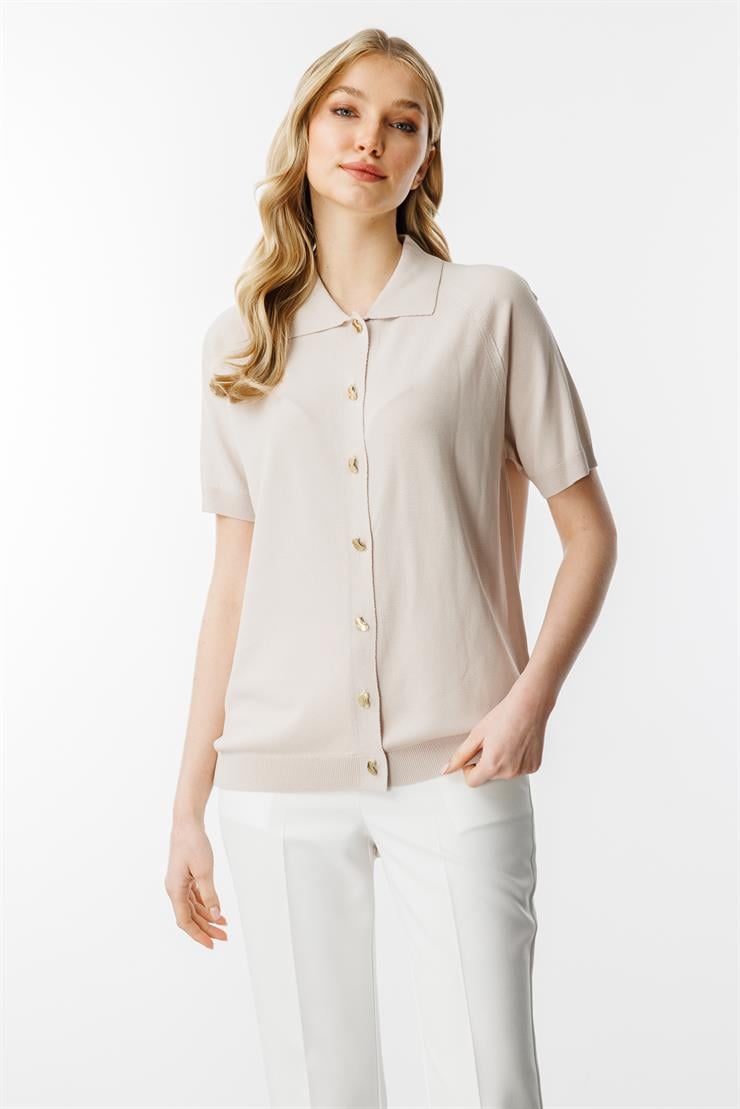 Polo Yaka Kısa Kol  Triko Hırka-Vizon